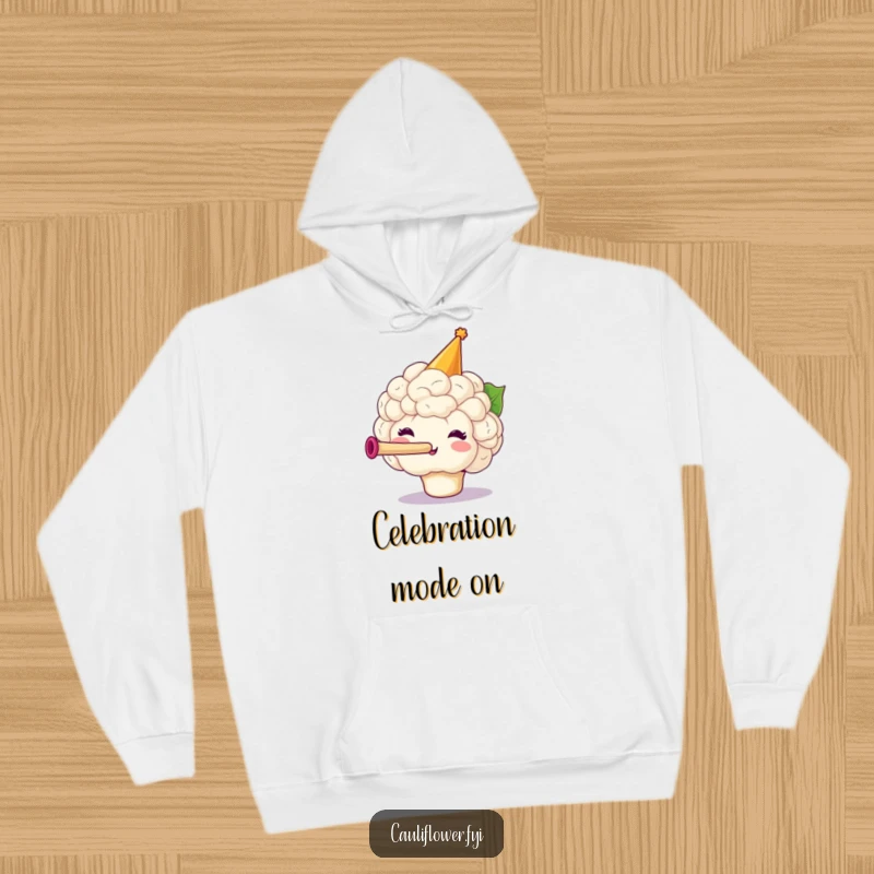Funny Cauliflower Hoodie featuring a festive veggie wearing a party hat and blowing a horn, ideal for cozy celebrations.