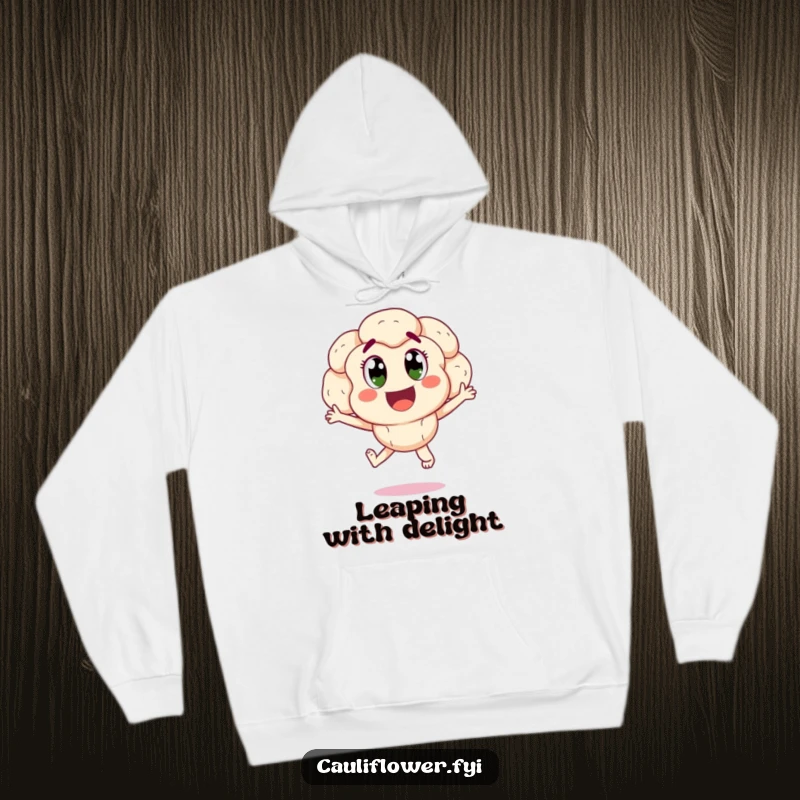 Funny happy cauliflower jumping for joy, a cozy and humorous hoodie for expressing excitement.