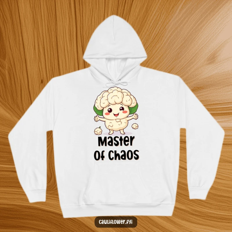 Smiling cauliflower character juggling three little florets on a hoodie, perfect for circus lovers, funny gift.