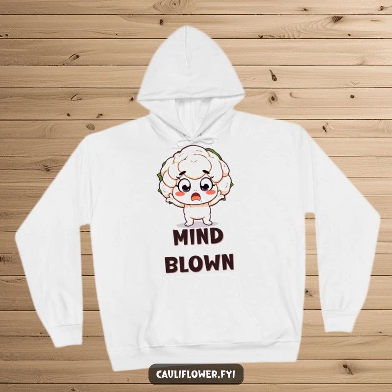 Funny Hoodie featuring a wide-eyed, surprised kawaii cauliflower character in a dramatic pose, offering cozy amusement and humor.