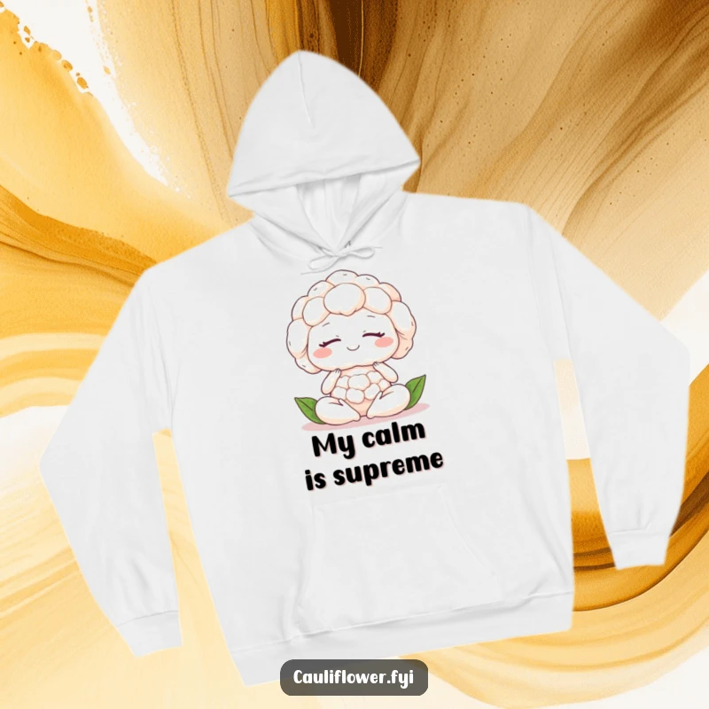 Funny cauliflower meditating with closed eyes and a serene smile, offering cozy comfort and inner peace.