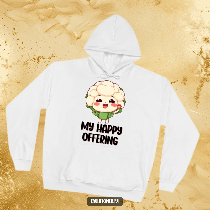 Funny hooded sweatshirt showing a delighted cauliflower character offering a tiny, sparkling flower with a heartwarming expression.