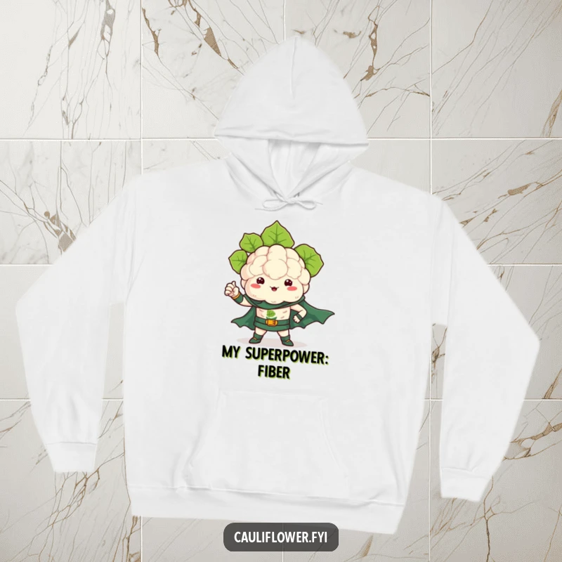 Funny hoodie featuring a kawaii cauliflower as a superhero, flexing a tiny leafy arm, providing warmth and power.