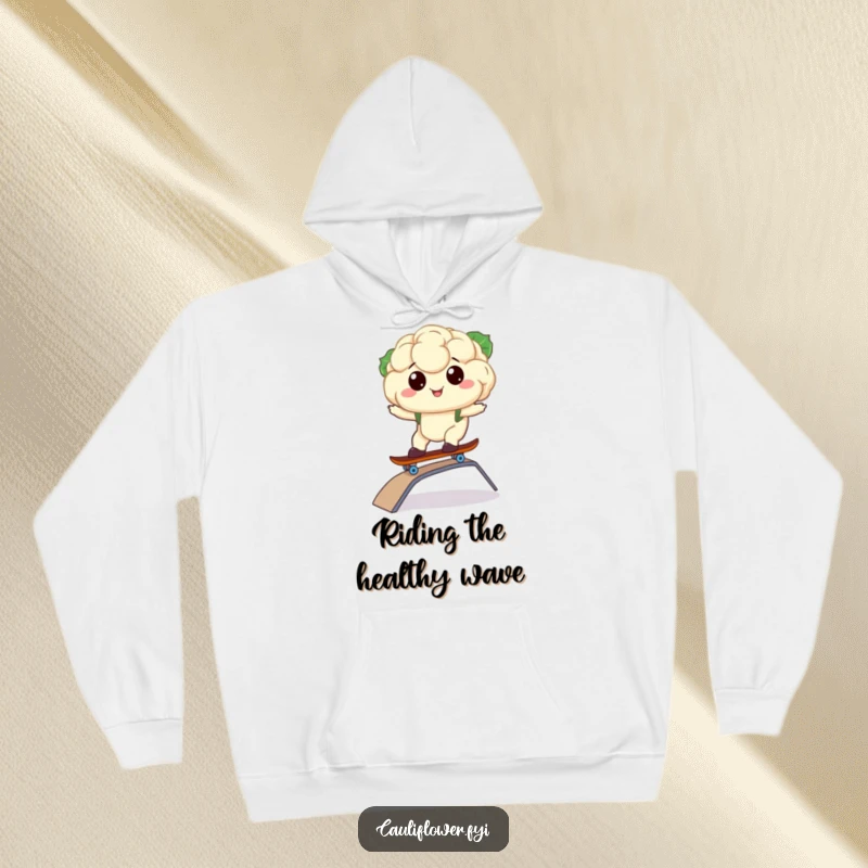 Funny hoodie featuring a kawaii cauliflower shredding on a skateboard, offering warmth and humor.