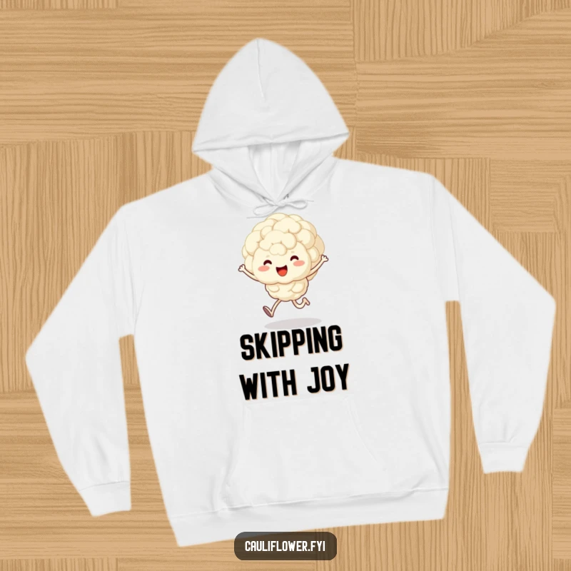 Funny hoodie with a fluffy, smiling kawaii cauliflower character doing a happy skip, offering comfort and veggie cheer.