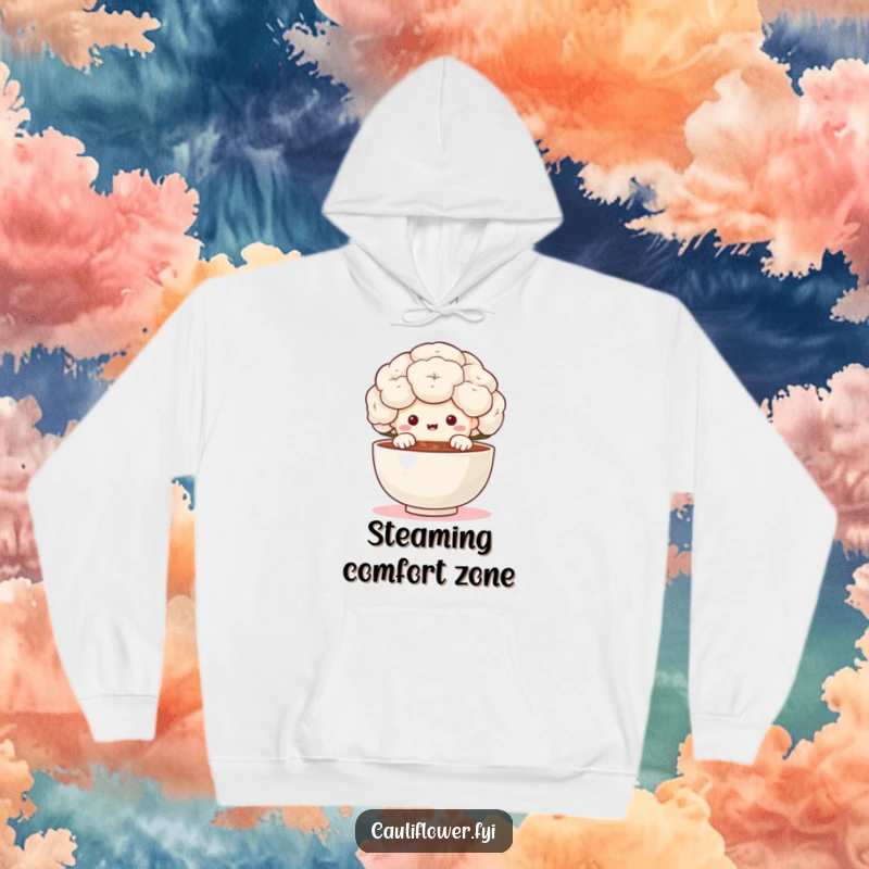 Funny cauliflower character peeking over a tiny steaming bowl with delight on a hoodie, radiating warmth and culinary excitement for the wearer.