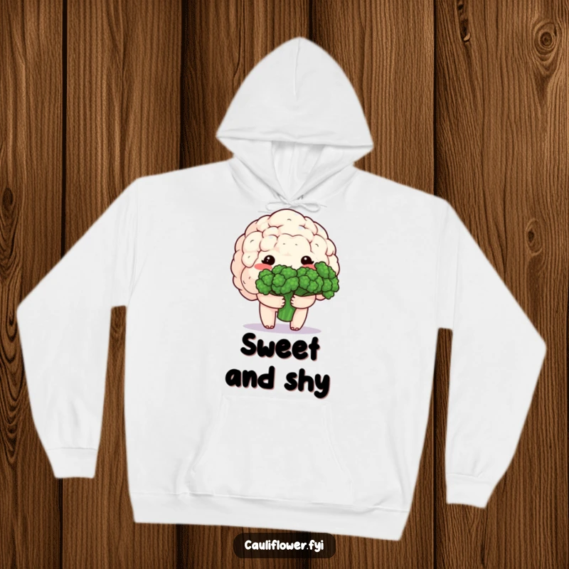Funny hoodie with a shy, blushing kawaii cauliflower holding broccoli, offering comfort and a sprinkle of sweet charm.
