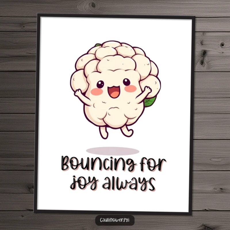 Funny free printable wall art of a kawaii cauliflower doing a joyful little hop with a bounce, adding lively energy.