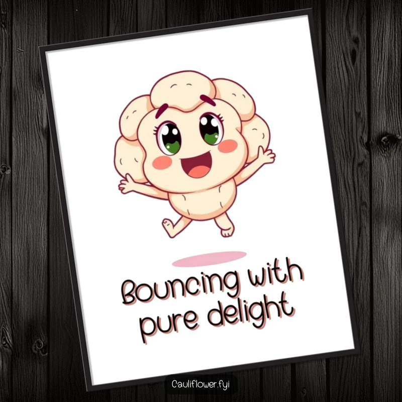 Funny Free Printable Wall Art: A happy cauliflower with wide, excited eyes jumping enthusiastically, spreading pure joy and energy.