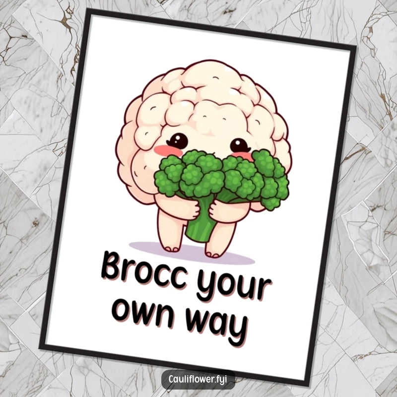 Funny Free Printable Wall Art: A kawaii cauliflower character blushes shyly while holding a delicate bouquet of vibrant broccoli florets.
