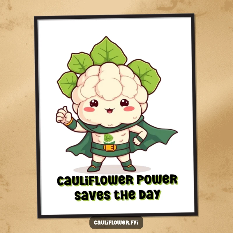 Funny Free Printable Wall Art: Kawaii cauliflower as a superhero, flexing a tiny leafy arm with a determined, heroic expression.