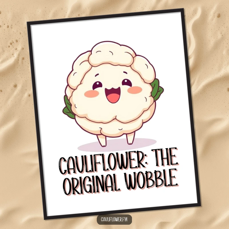 Funny free printable wall art: Charming kawaii cauliflower in a funny cartoonish wobble, a delightful and humorous digital download for your home.
