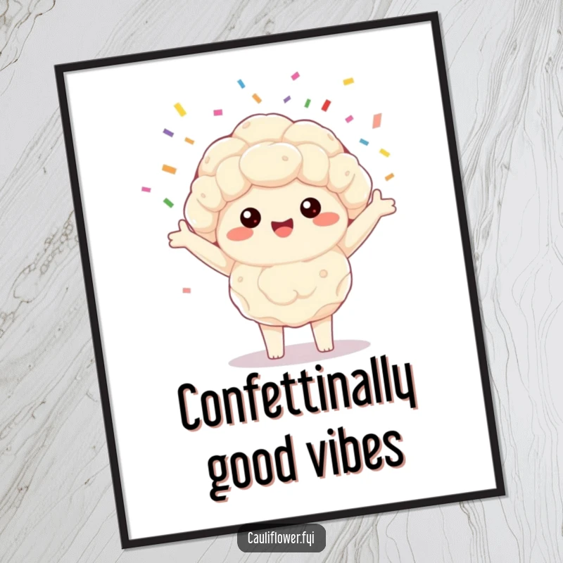 Funny Free Printable Wall Art: Adorable Kawaii cauliflower spinning confetti with outstretched arms, radiating pure happiness.