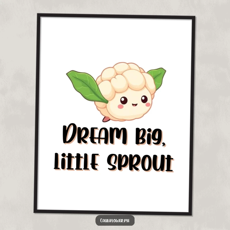Funny free printable wall art of a tiny cauliflower floret with leaf wings attempting to fly, inspiring dreams, cute decor.