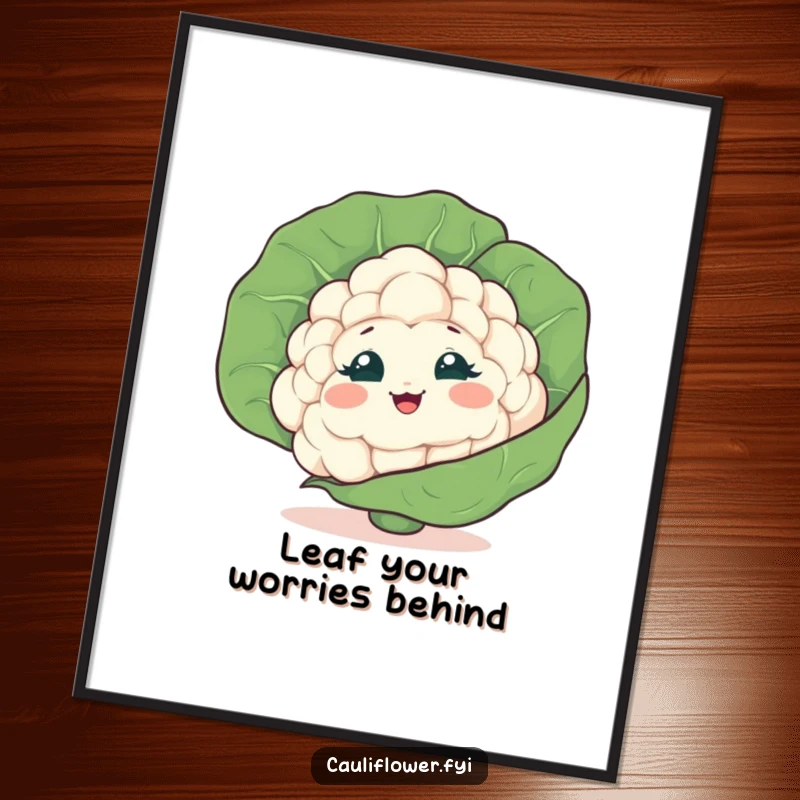 Funny free printable wall art of a cauliflower head peeking from behind a large leaf, sharing a secret giggle, cute decor.