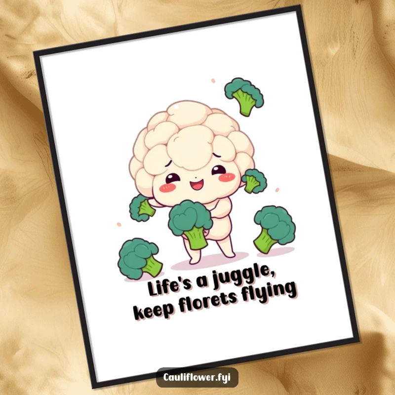 Funny Free Printable Wall Art: Kawaii cauliflower with cheerful concentration, juggling small broccoli florets in a captivating display.