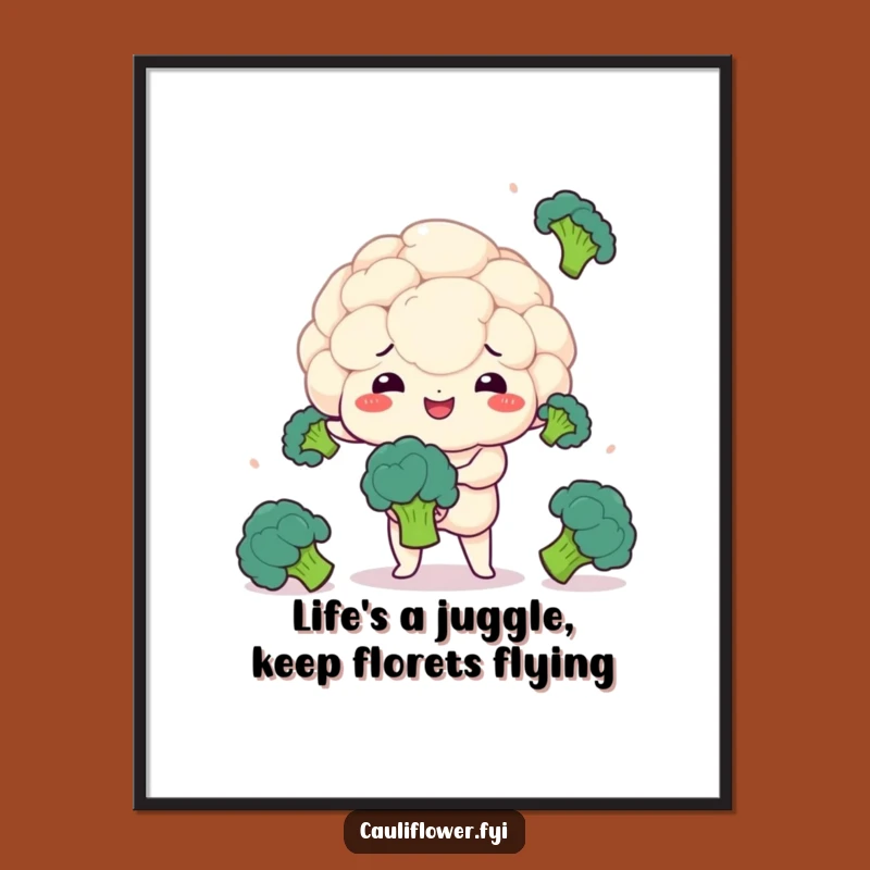 Free Printable Kawaii Cauliflower Art: Juggling Act - Funny Downloadable Wall Decor