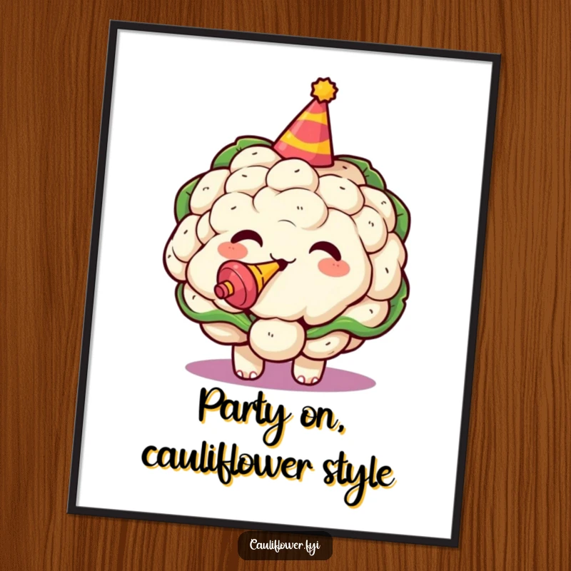 Funny Free Printable Wall Art: Kawaii cauliflower wearing a tiny party hat, blowing a noisemaker with infectious celebratory energy.