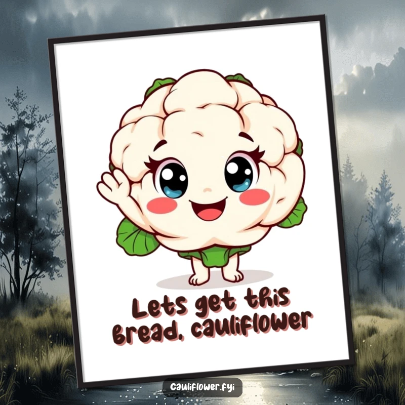 Funny Free Printable Wall Art featuring a cheerful cauliflower character with exaggerated eyes giving a friendly wave.