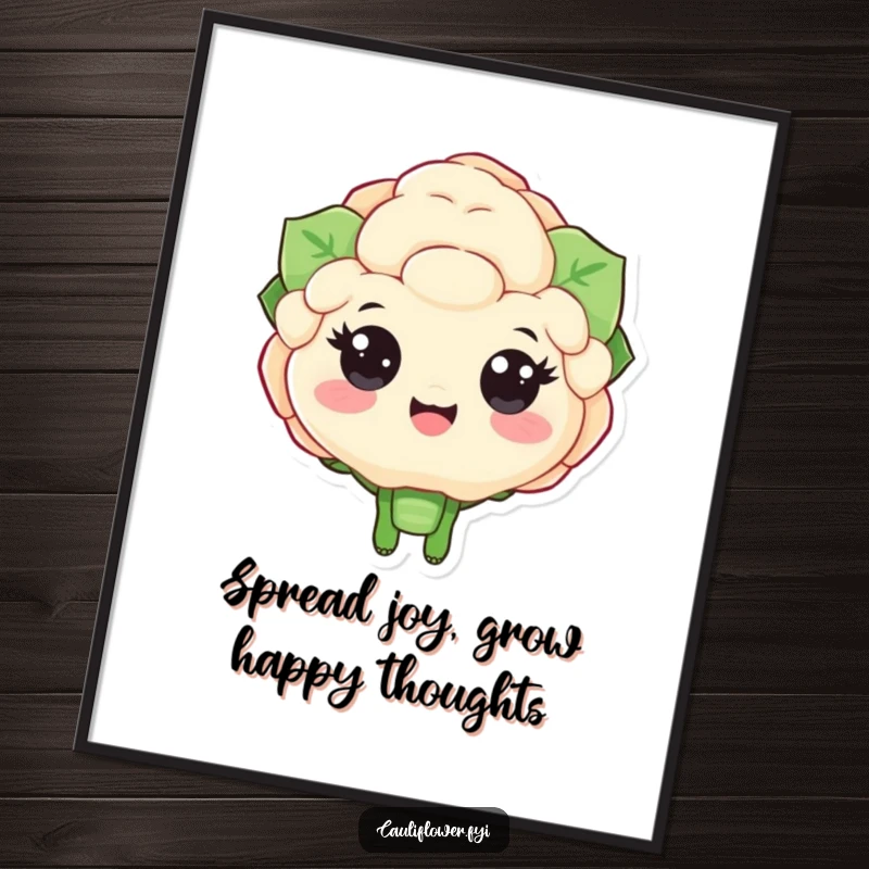 Funny Free Printable Wall Art of a cauliflower character with big, happy eyes enthusiastically cheering, radiating positivity.