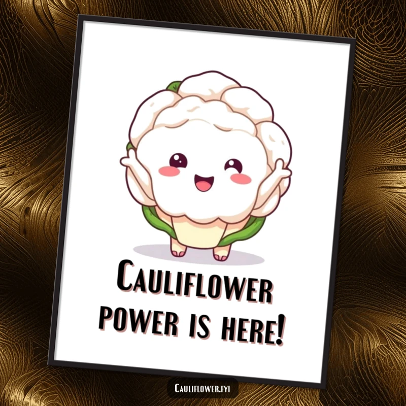 Funny free printable wall art of a kawaii cauliflower with its small arms waving energetically and enthusiastically.
