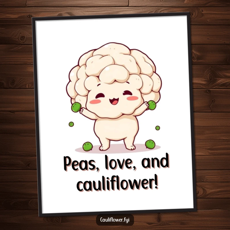 Funny free printable wall art: a cauliflower with wide eyes, clumsily juggling several small peas, showcasing delightful chaos.