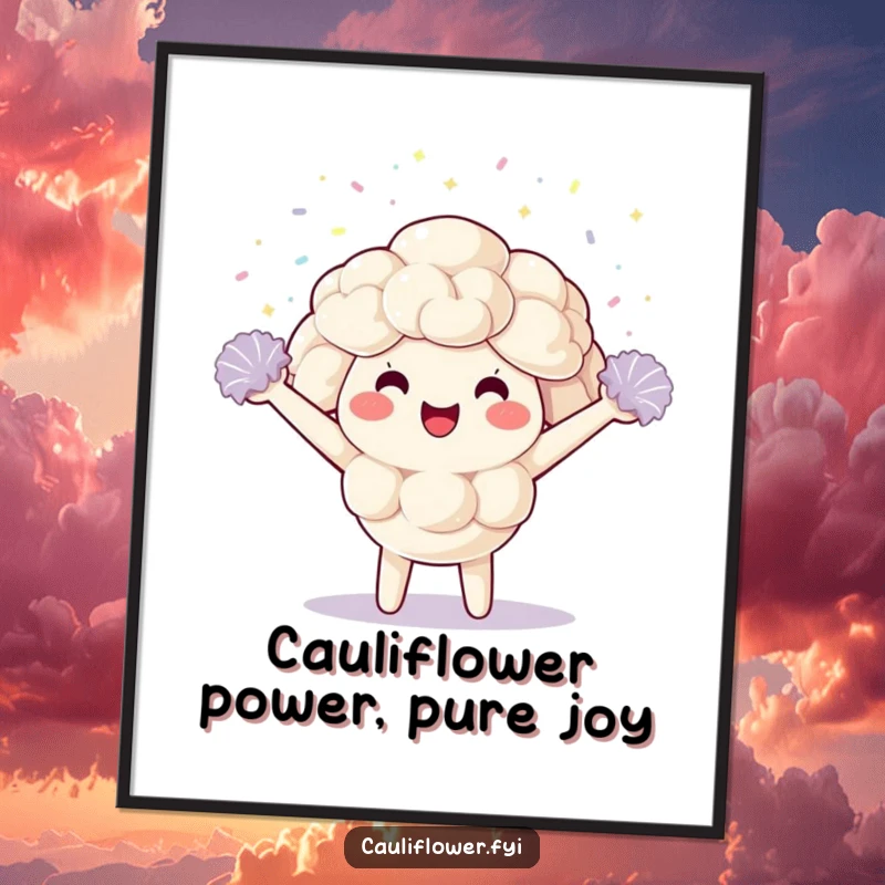 Funny Free Printable Wall Art: Kawaii cauliflower character cheering with tiny pom-poms, surrounded by sparkly confetti.