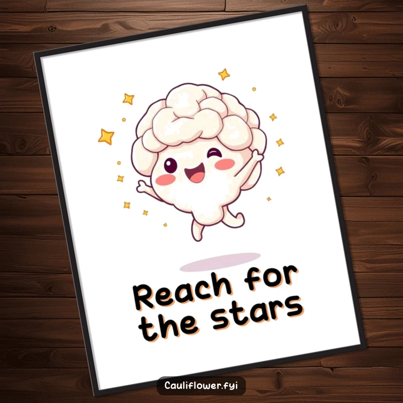 Funny Free Printable Wall Art: A cauliflower character joyfully jumping, with small starbursts exploding around it. Energetic art.