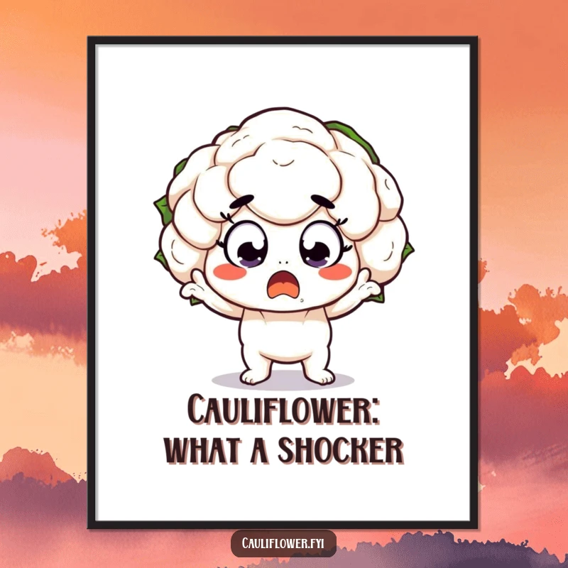 Funny Free Printable Wall Art: Kawaii cauliflower character in a dramatic, wide-eyed pose, looking completely surprised.