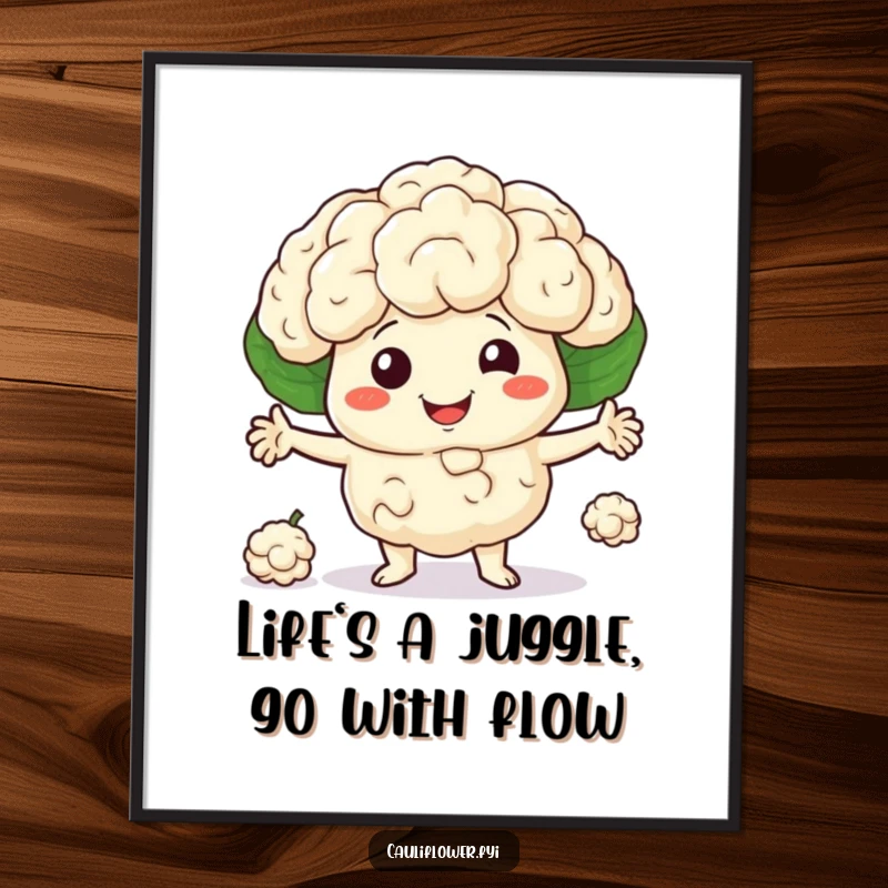 Funny Free Printable Wall Art of a smiling cauliflower character skillfully juggling three little florets, showcasing impressive vegetable talent.
