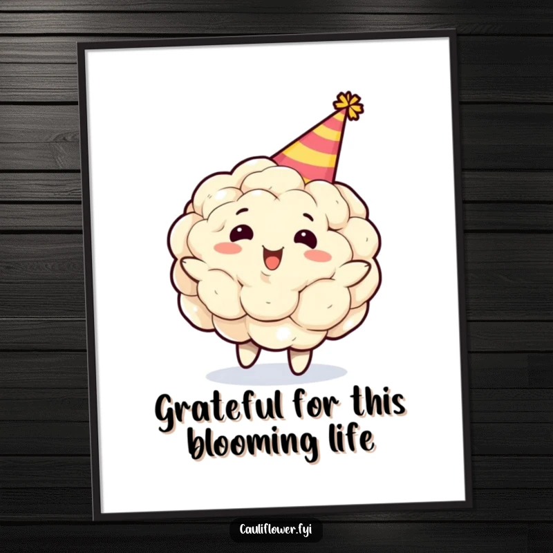 Funny Free Printable Wall Art: A joyful cauliflower in a party hat dances wildly, spreading festive cheer.