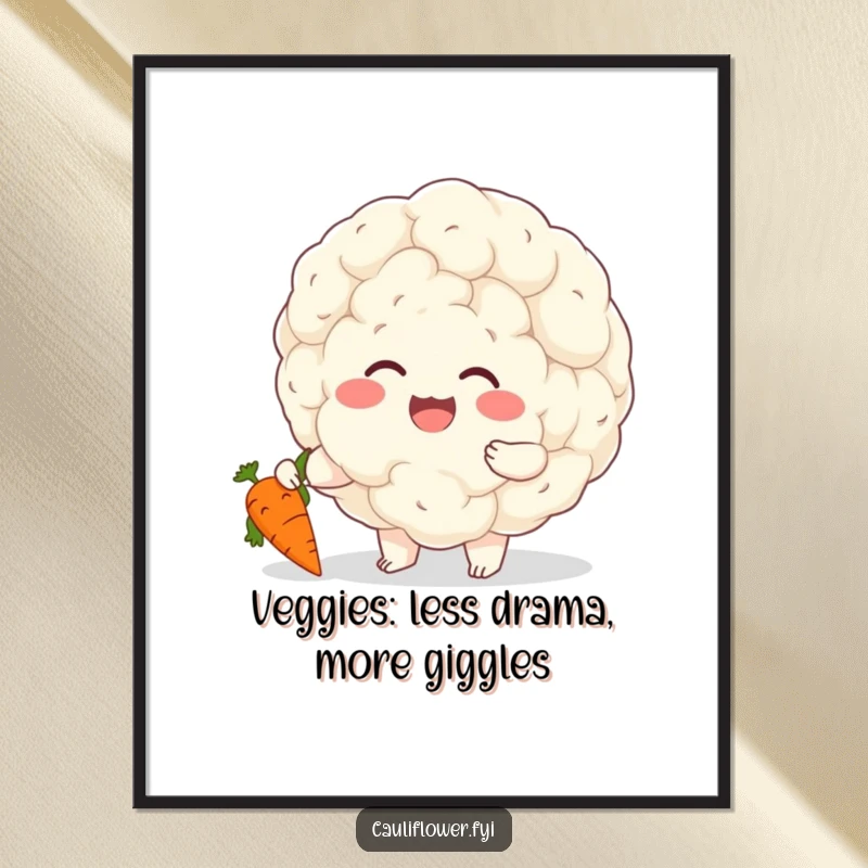 Funny Free Printable Wall Art: A large, cheerful cauliflower character is captured mid-giggle while playfully tickling a small, amused carrot.