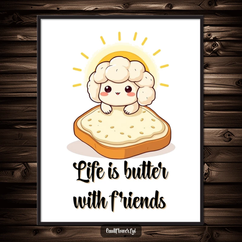 Funny Free Printable Wall Art: Content Kawaii cauliflower relaxing on a huge toast slice, sunny and peaceful, great downloadable decor.