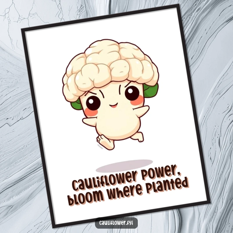 Funny Free Printable Wall Art of a joyful cauliflower with tiny feet leaping energetically, adding a whimsical touch.