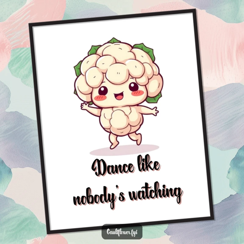 Funny Free Printable Wall Art: Kawaii cauliflower doing a joyful shuffle dance, vibrant and fun, ideal downloadable decor.