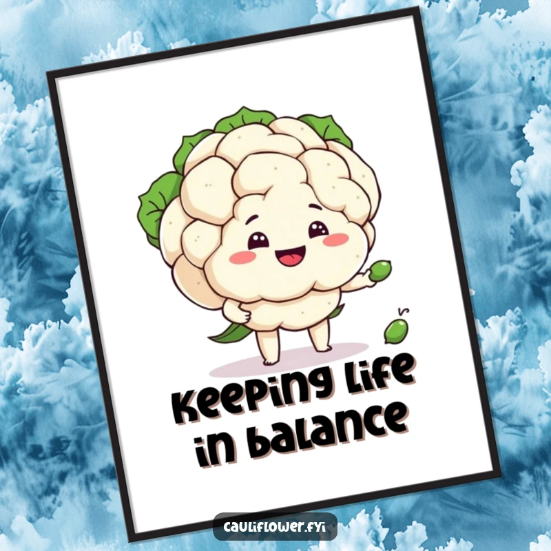 Funny Free Printable Wall Art: A happy cauliflower with a silly grin attempting to juggle three tiny peas, creating a playful scene.