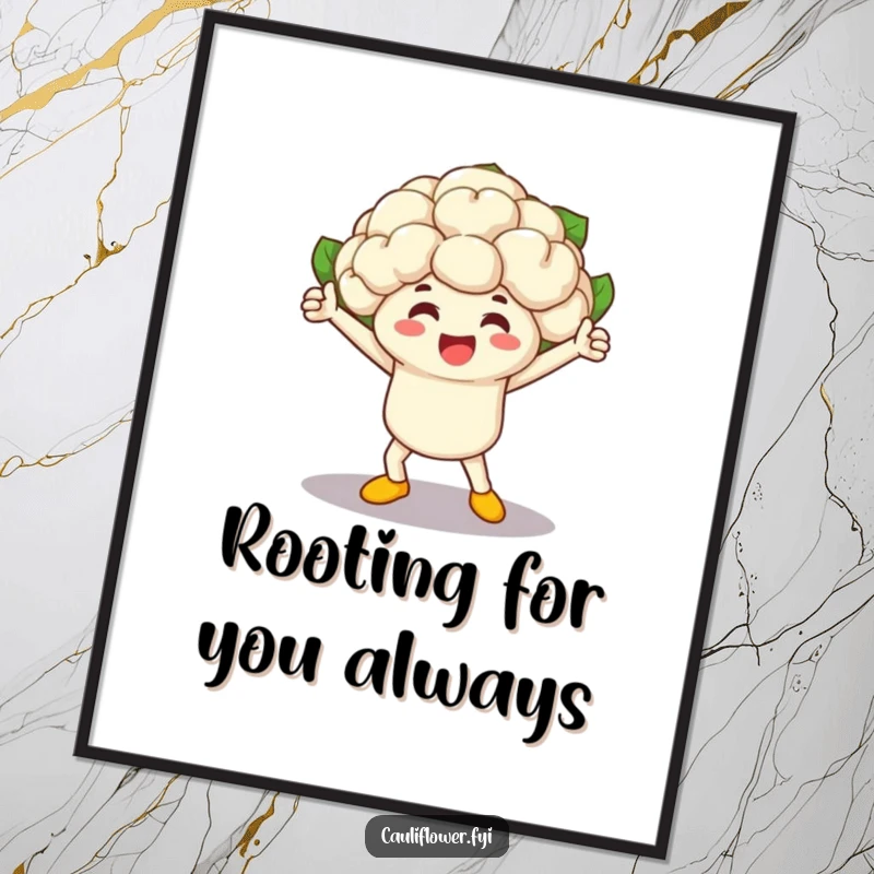 Funny Free Printable Wall Art: A cauliflower winning a veggie race, striking a triumphant pose, ideal for downloadable art.