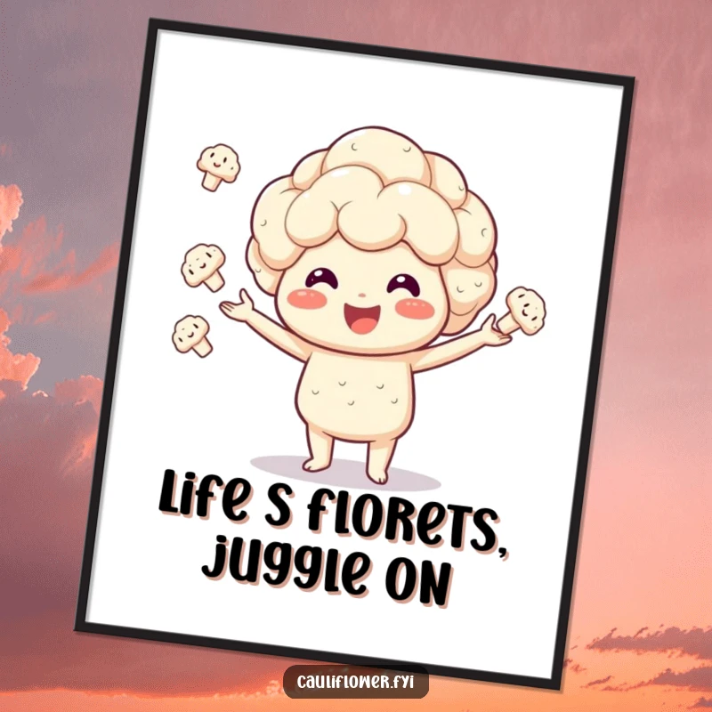 Funny Free Printable Wall Art: Amusing Kawaii cauliflower juggling small florets with an enthusiastic and happy expression.