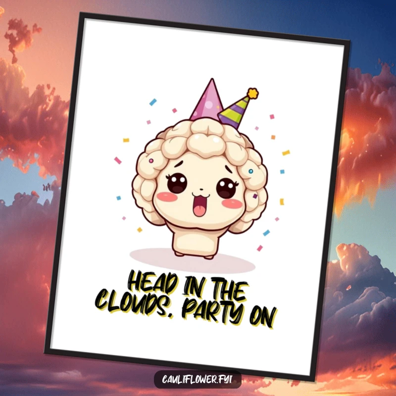 Funny Free Printable Wall Art: Startled Kawaii cauliflower wearing party hat, confetti bursting, unique downloadable decor for a funny touch.