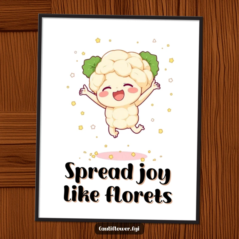 Funny free printable wall art depicting a cauliflower character leaping joyfully and scattering tiny florets like confetti.