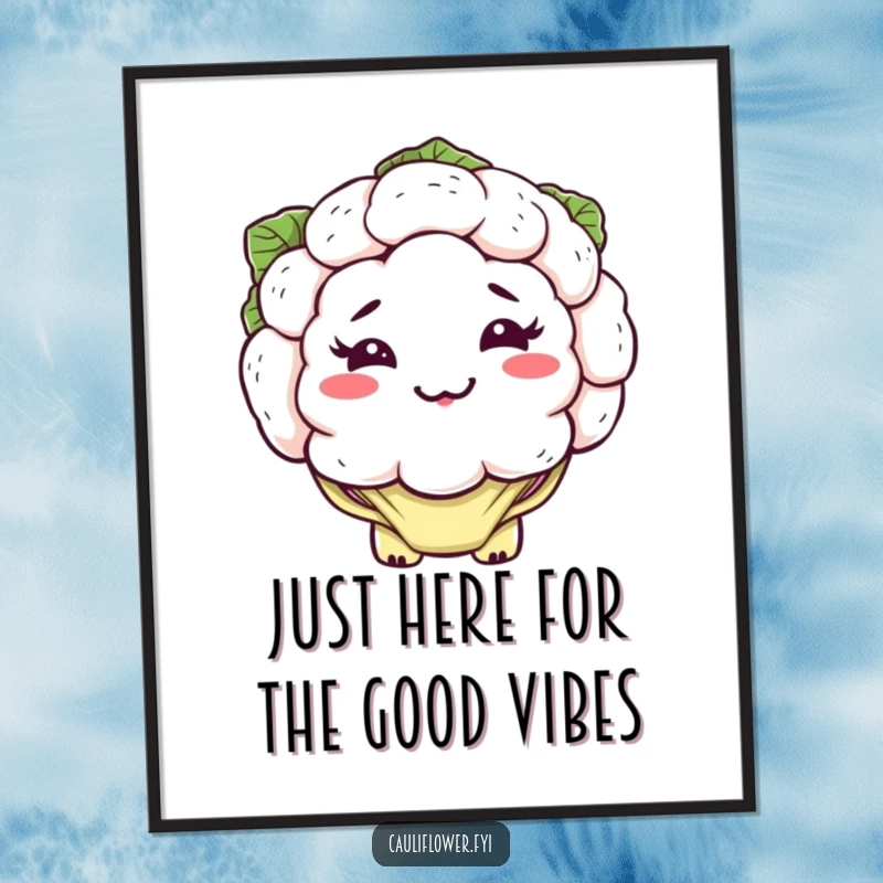Funny free printable wall art of a kawaii cauliflower with a silly lopsided grin and floppy leaves, perfect for kitchen or humor lovers.