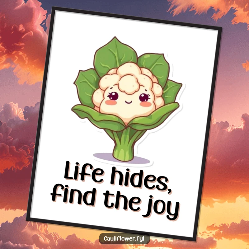 Funny Free Printable Wall Art showcasing a kawaii cauliflower playfully peeking from behind a large leaf, adding a touch of fun.