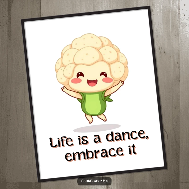 Funny Free Printable Wall Art of a cheerful cauliflower floret pirouetting with a wide smile, adding playful energy.