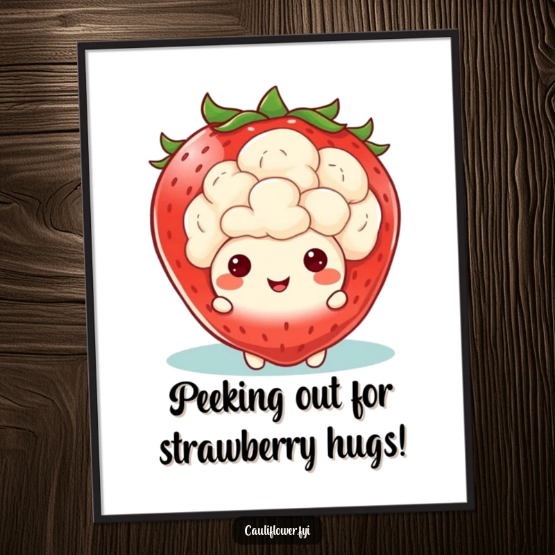 Funny free printable wall art of a kawaii cauliflower character peeking from behind a giant, smiling strawberry.