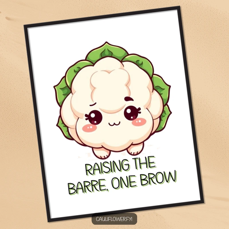 Funny free printable wall art of a kawaii cauliflower with sparkling eyes and a raised eyebrow, exuding a sassy vibe.