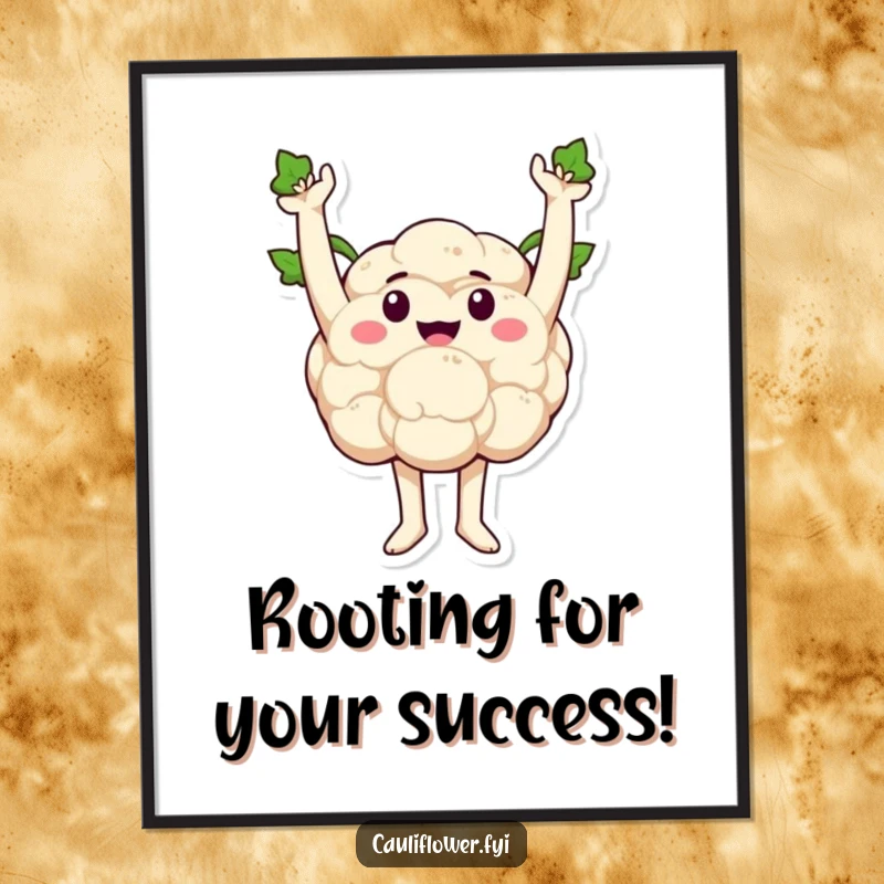 Funny Free Printable Wall Art of a cauliflower with sprout arms held high in a powerful, triumphant, and celebratory pose.