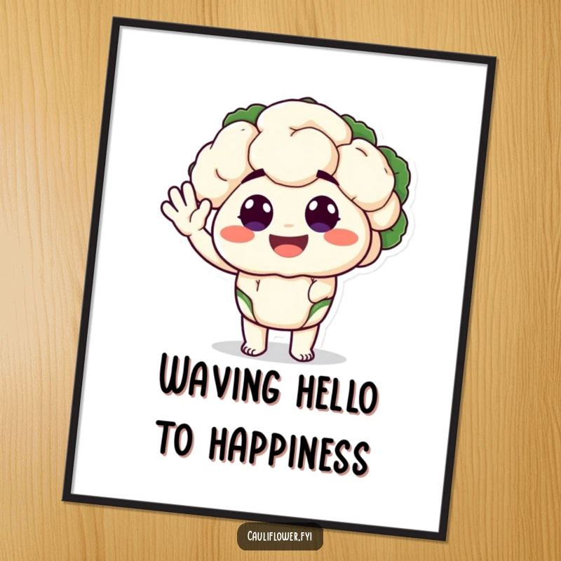 Funny free printable wall art of a cauliflower character with big, happy eyes giving a silly wave.