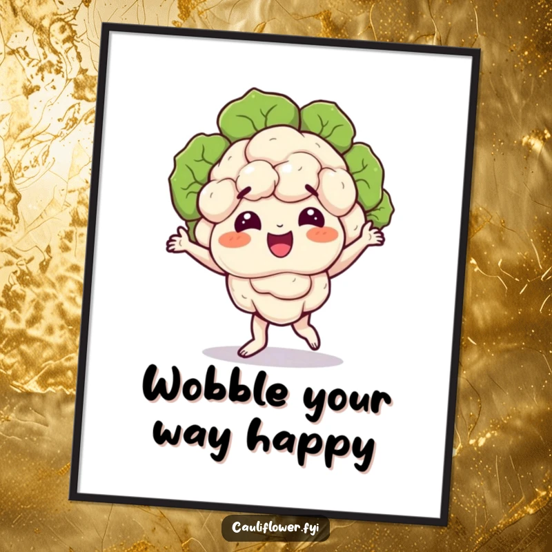 Funny Free Printable Wall Art: A cauliflower character dances with wobbling florets, bringing a vibrant and humorous energy to the room.