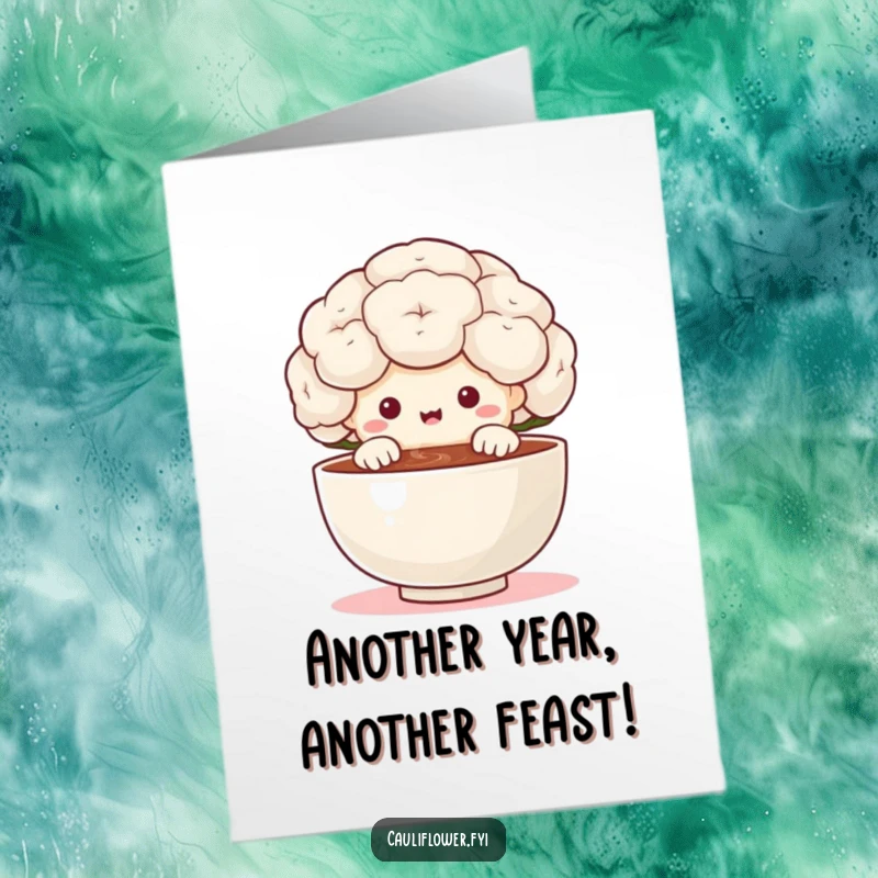 Funny Free Printable Birthday Card: A cauliflower joyfully peeks over a small, steaming bowl of food.