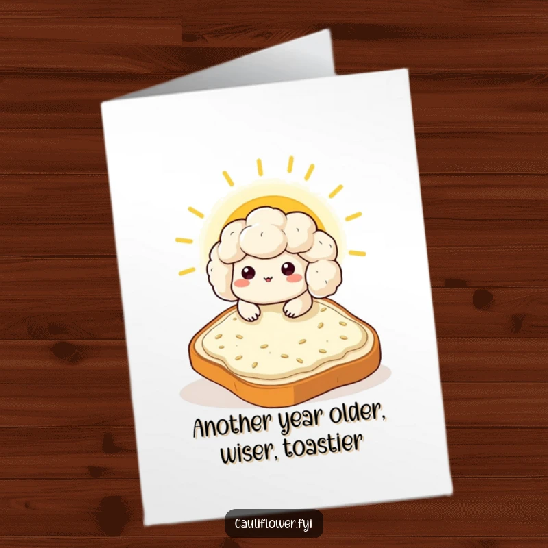 Funny Free Printable Birthday Card: Content Kawaii cauliflower sunbathing on giant toast slice, happy vibes, great DIY birthday card.